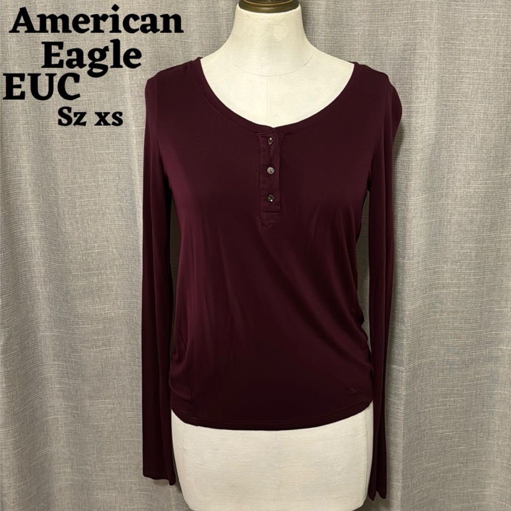 American Eagle Sz Xs Long Sleeve Tissue Tee-Purple-3 Button Front-Viscose-EUC